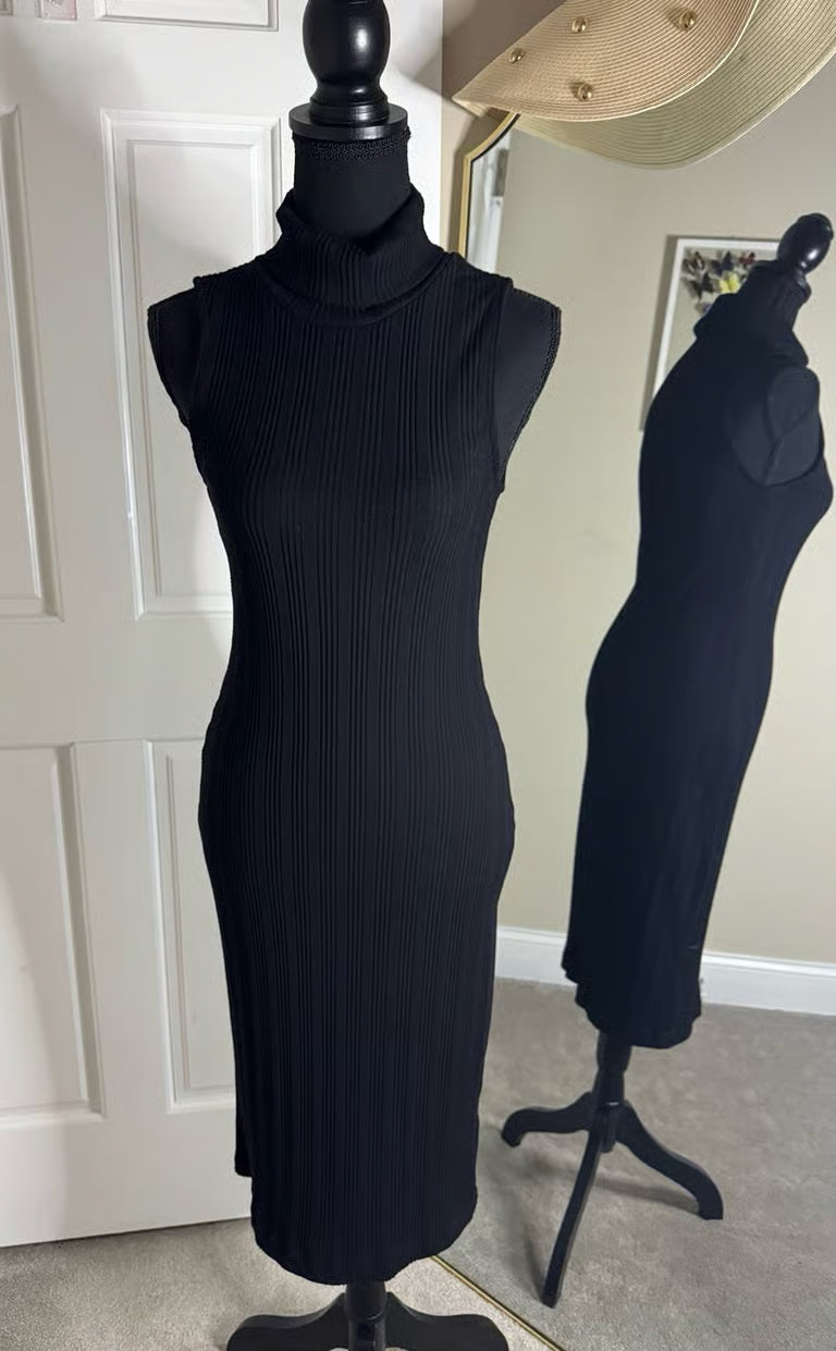 Black Sleeveless Turtleneck Midi Dress