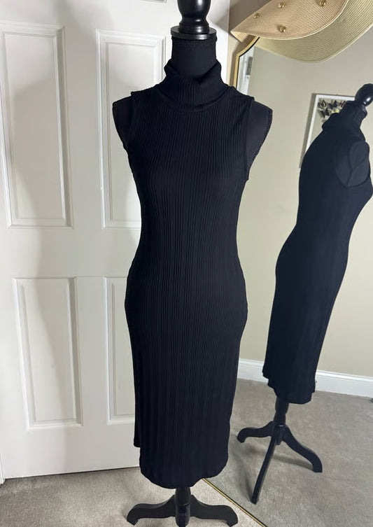 Black Sleeveless Turtleneck Midi Dress