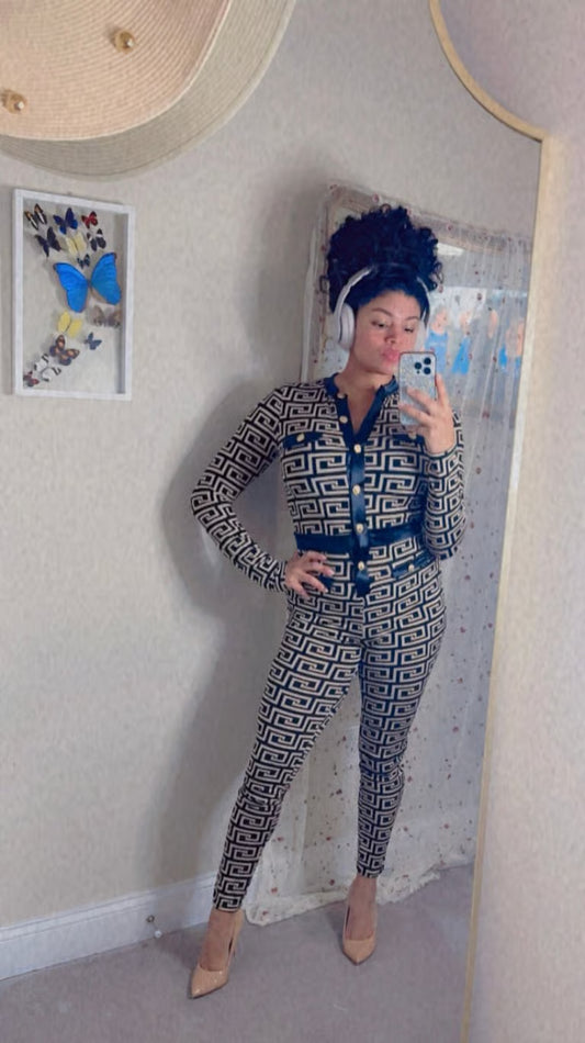 Old Money Black & Gold Long Sleeve Jumpsuit (Size Large)